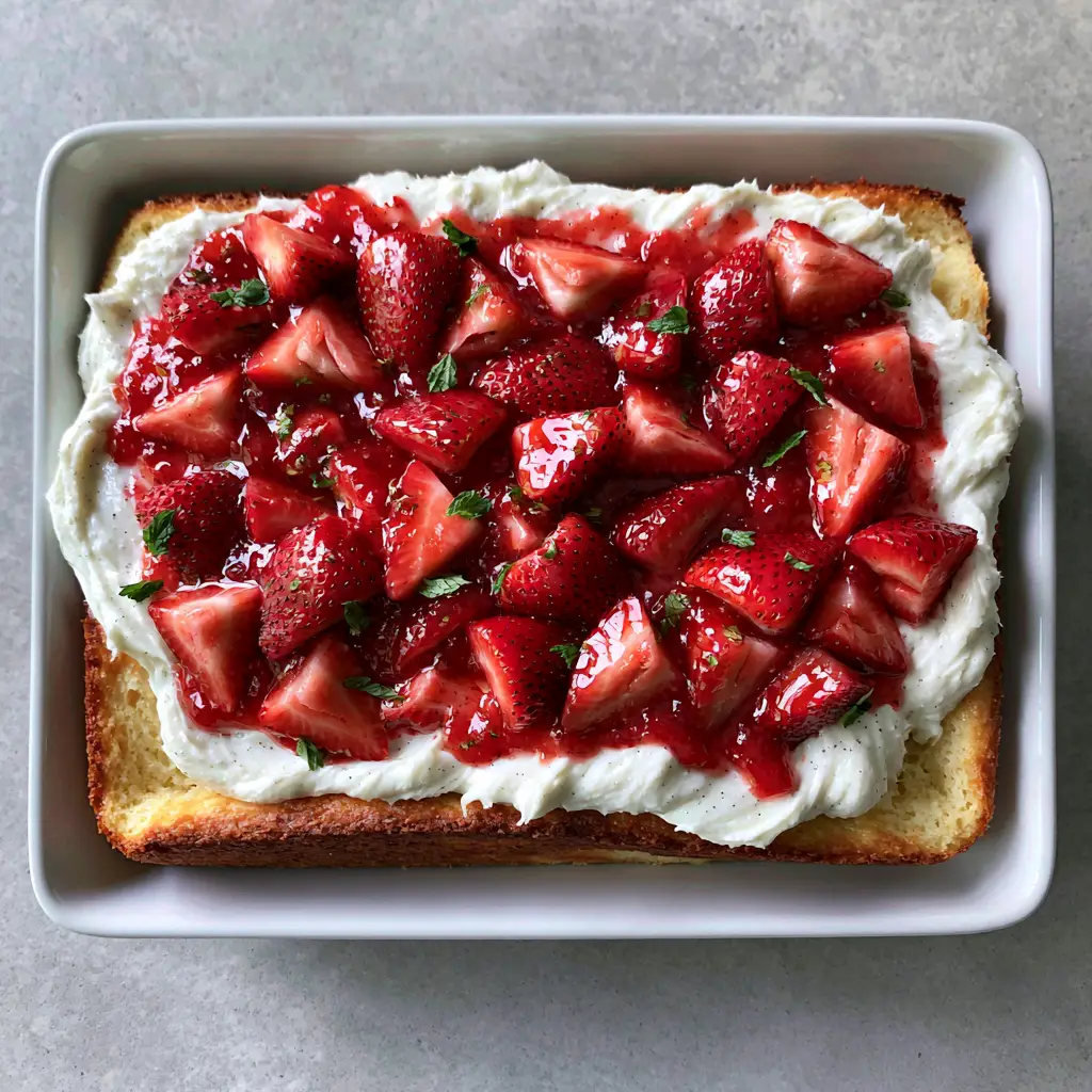 Top down view of glossy red strawberry compote drizzled over plush vanilla bean cream and mint leaves.