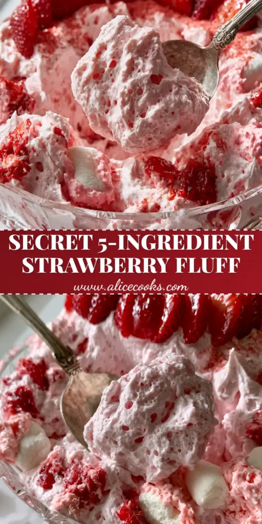 A close-up shot of Pink Strawberry Fluff in a crystal bowl, topped with glossy sliced strawberries and a silver spoon lifting a thick dollop.