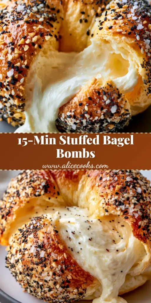 A torn-open stuffed bagel bite showing warm oozing cream cheese and a golden-brown crust with everything bagel seasoning.