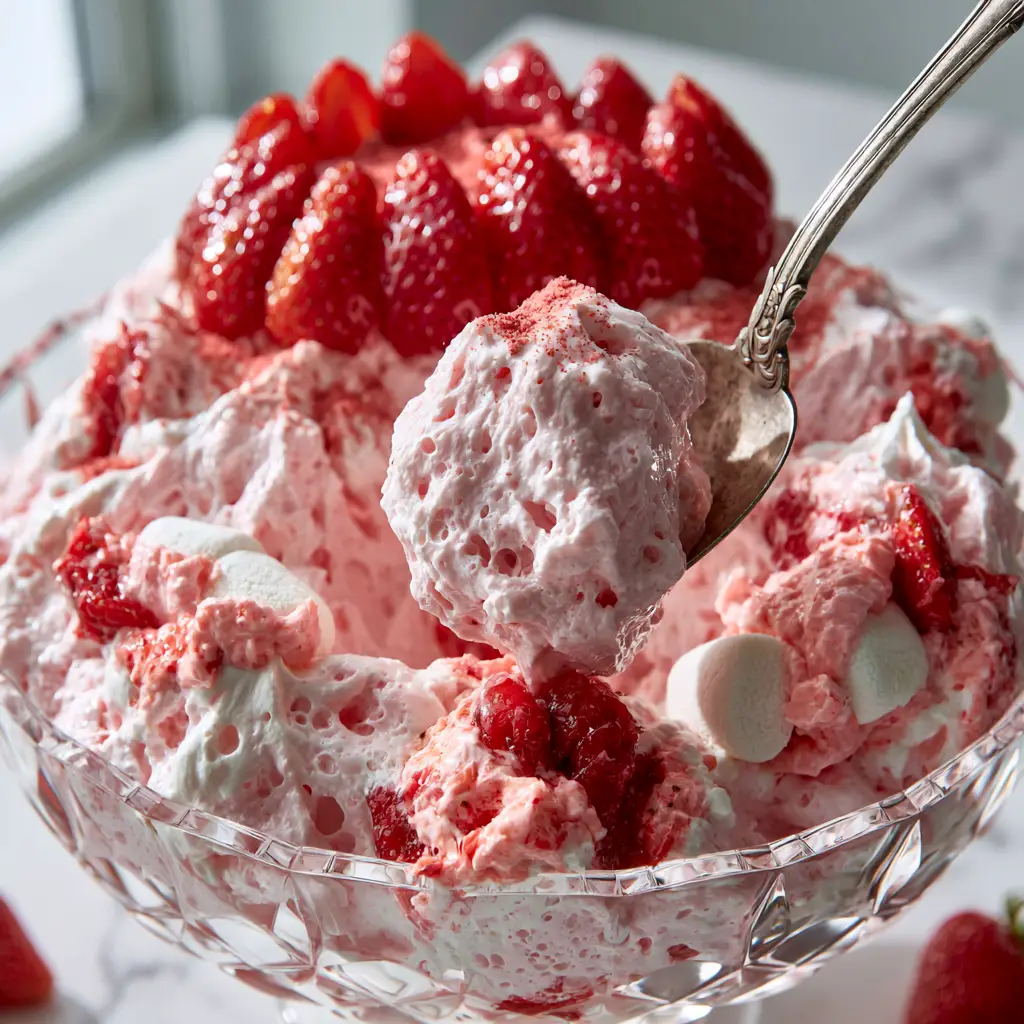A dense spoonful of Pink Strawberry Fluff being lifted from a bowl, highlighting the macerated strawberry chunks.