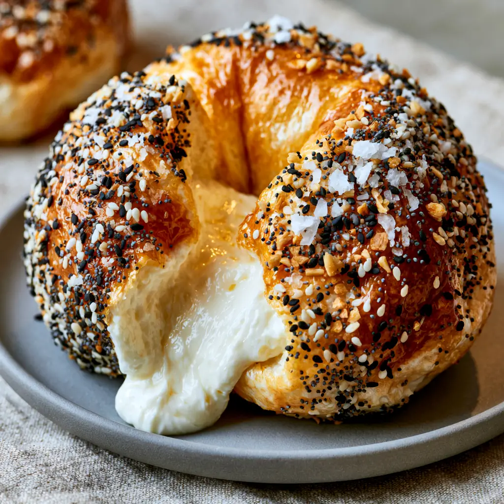 A modern plate featuring stuffed bagel bites with warm oozing cream cheese dripping out.