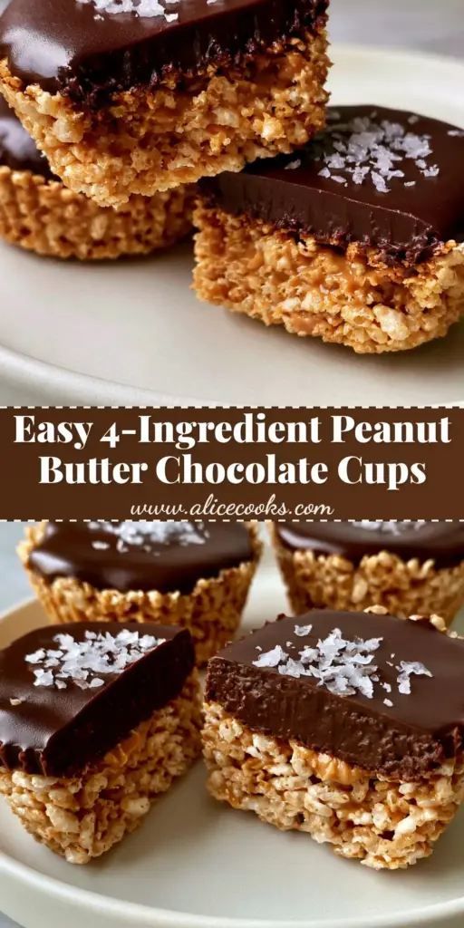 A stack of chocolate peanut butter rice krispie cups showing the glossy ganache top and crunchy toasted cereal base with a sprinkle of Maldon sea salt.
