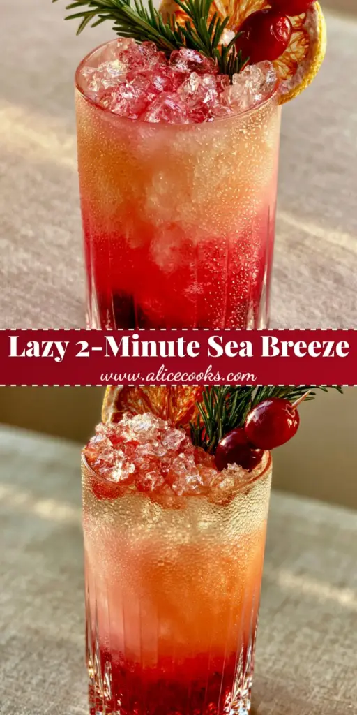 A professional Sea Breeze cocktail in a ribbed glass with ombre layers of crimson and pink, garnished with rosemary and grapefruit on a linen surface.