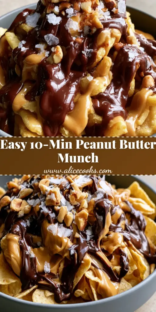 A close-up shot of Peanut Butter Chocolate Frito Munch in a matte grey bowl featuring crunchy golden Frito corn chips drizzled with glossy dark chocolate and creamy peanut butter sauce, topped with flaky sea salt.