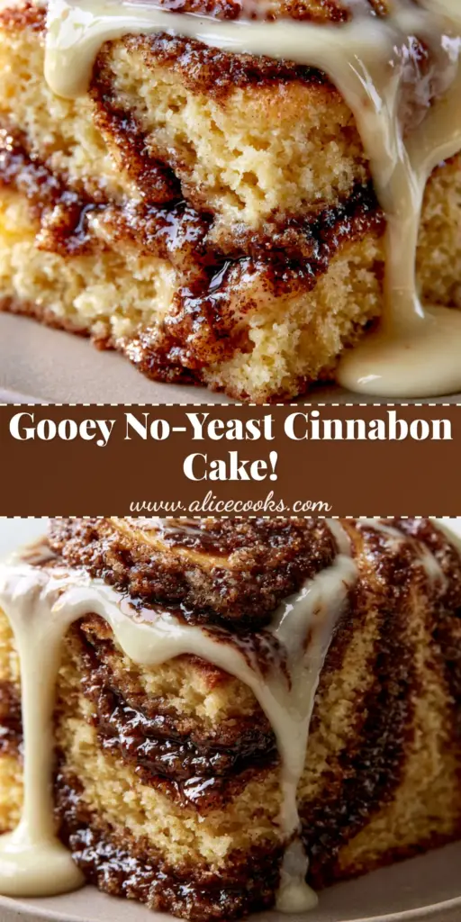 A warm slice of Cinnamon Roll Cake with a molten dark brown cinnamon filling swirl and glossy white cream cheese glaze drip on a matte plate.