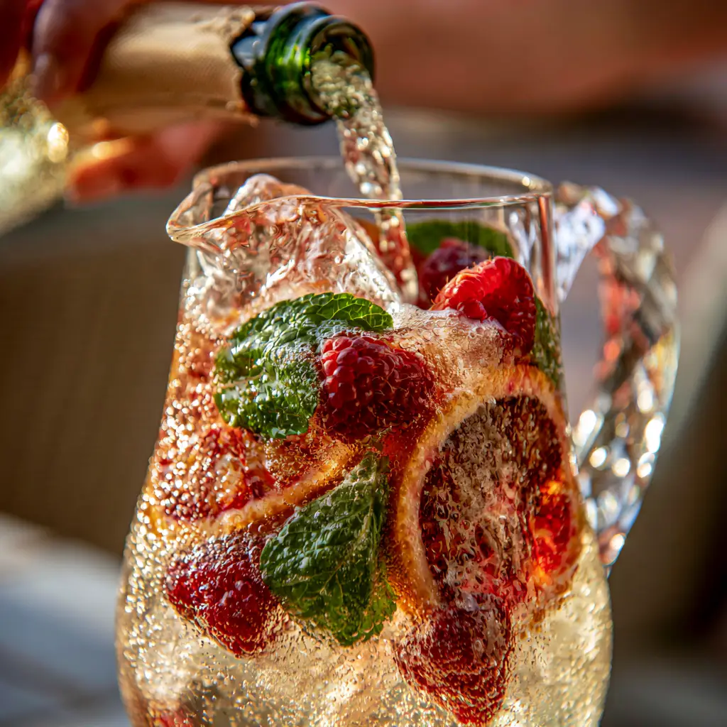 Close up of effervescent bubbles and condensation on a pitcher of fruit-filled cocktail.
