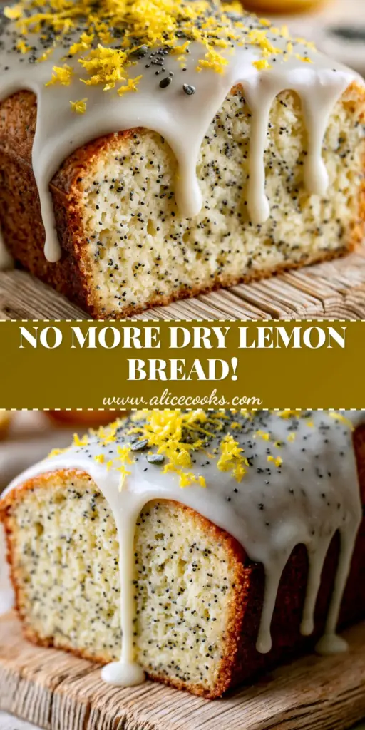 A thick slice of moist lemon poppy seed quick bread with a thick glossy white sugar glaze and yellow lemon zest on a wooden board.