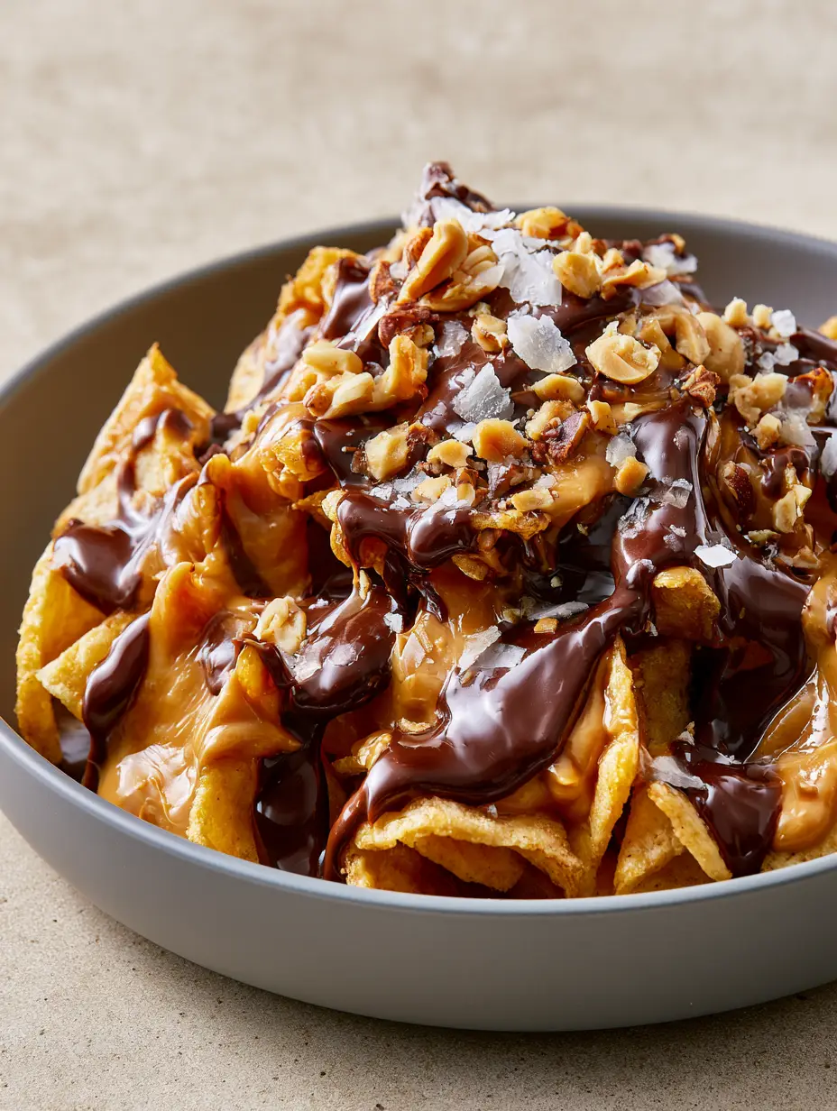 Detailed view of glossy melted dark chocolate and warm peanut butter sauce over crunchy golden Frito corn chips. (Peanut Butter Chocolate Frito Munch)