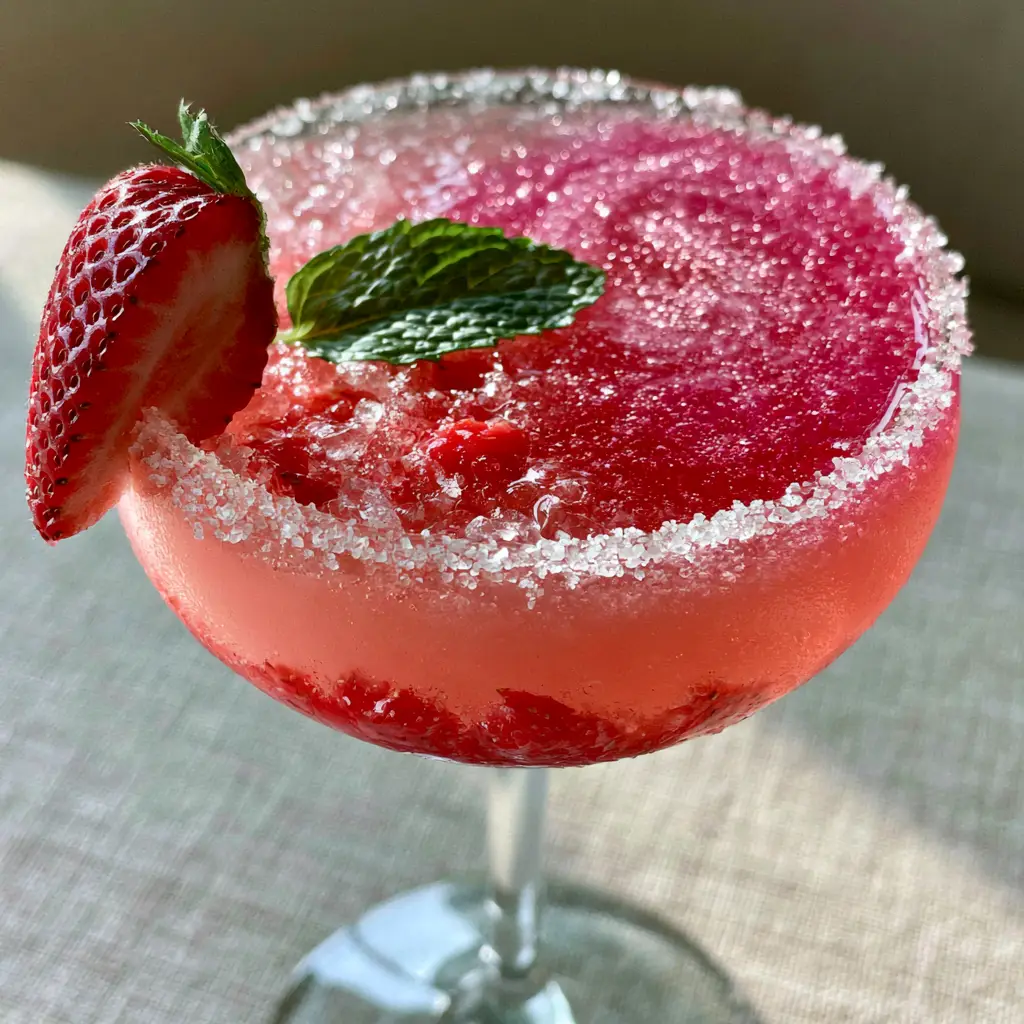 Overhead view of a sparkling strawberry cocktail with a glistening sugar rim.