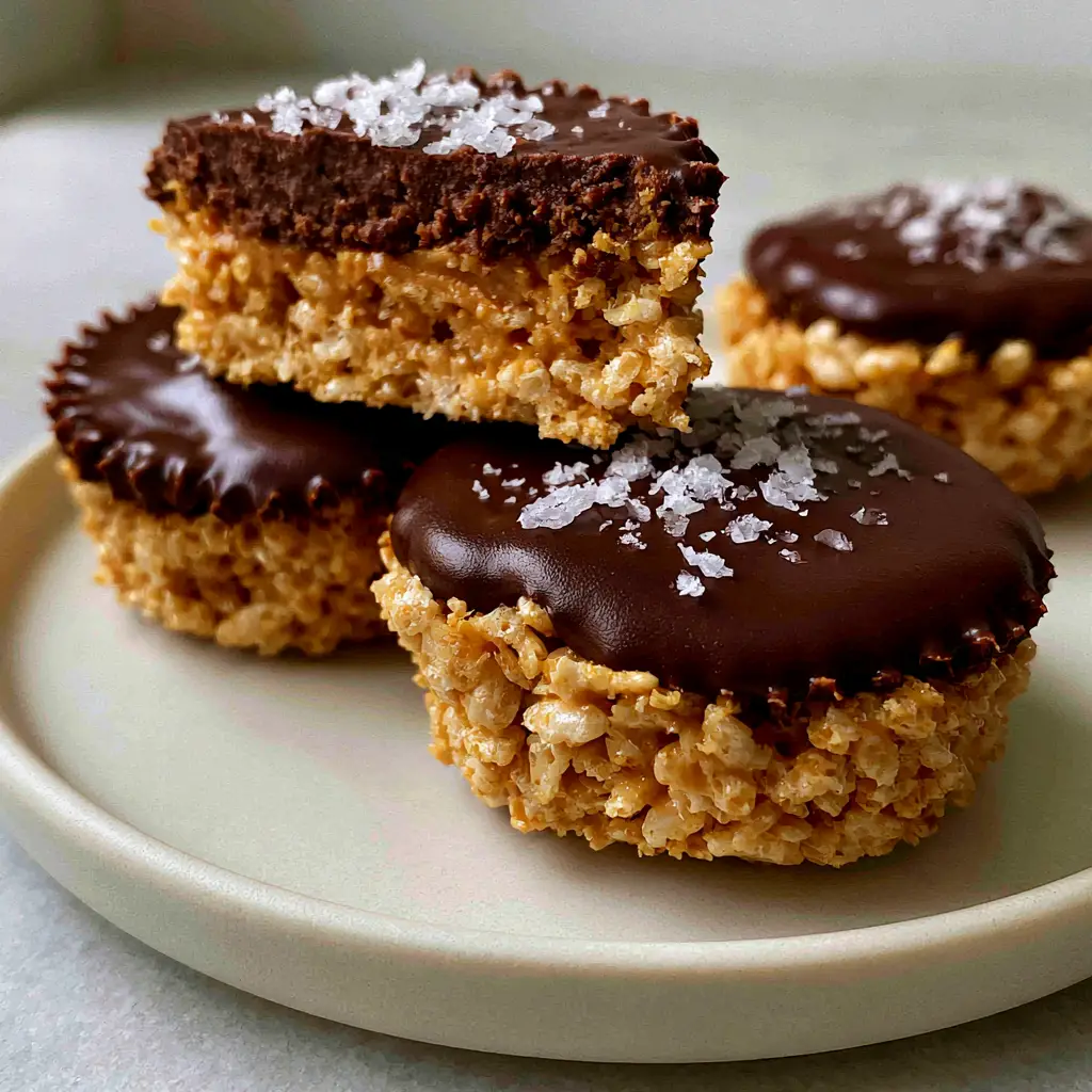 Overhead view of chocolate peanut butter rice krispie cups on a matte white ceramic plate with diffused morning light.