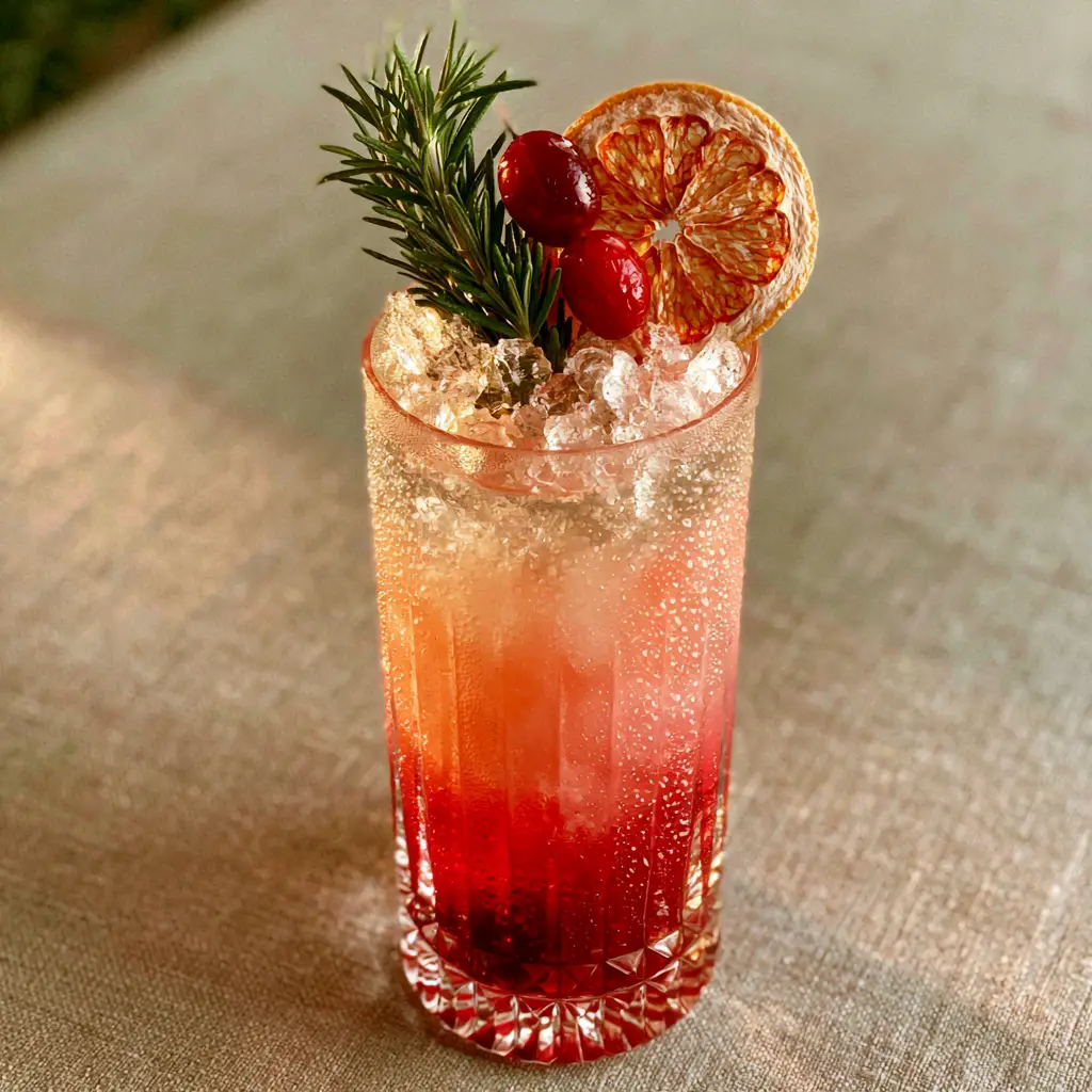 Vibrant Sea Breeze cocktail showing ombre layers of cranberry and grapefruit juice garnished with a dehydrated grapefruit wheel.