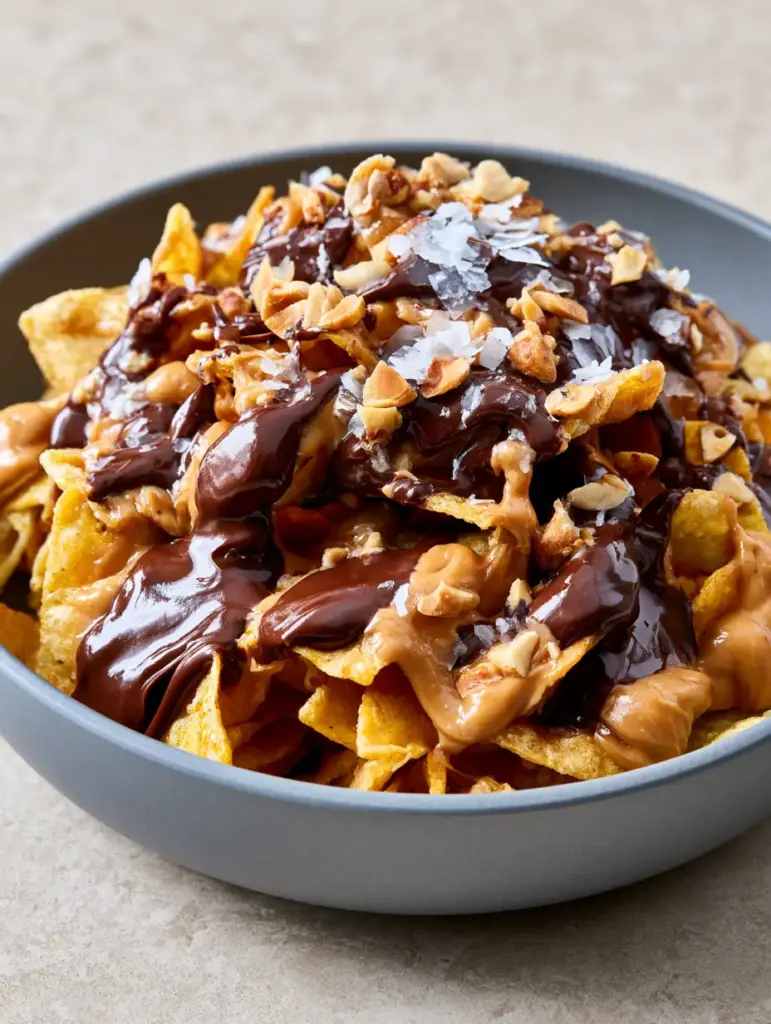 A shallow matte grey bowl filled with Peanut Butter Chocolate Frito Munch on a beige concrete tabletop with natural side lighting.