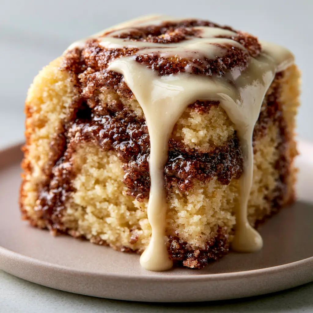 A rich glossy white cream cheese glaze cascade slowly dripping down the side of a warm cinnamon roll cake slice.
