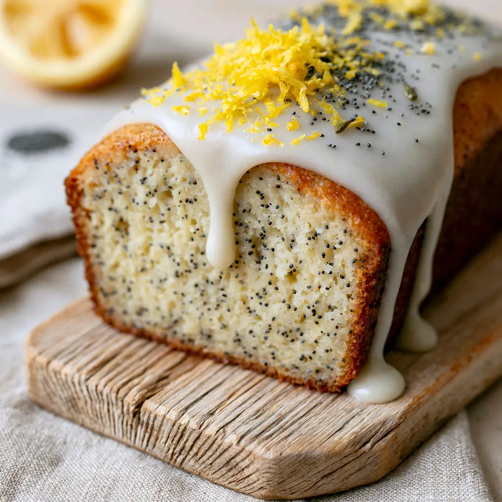 A close up of the thick white lemon glaze dripping down a golden lemon poppy seed loaf.