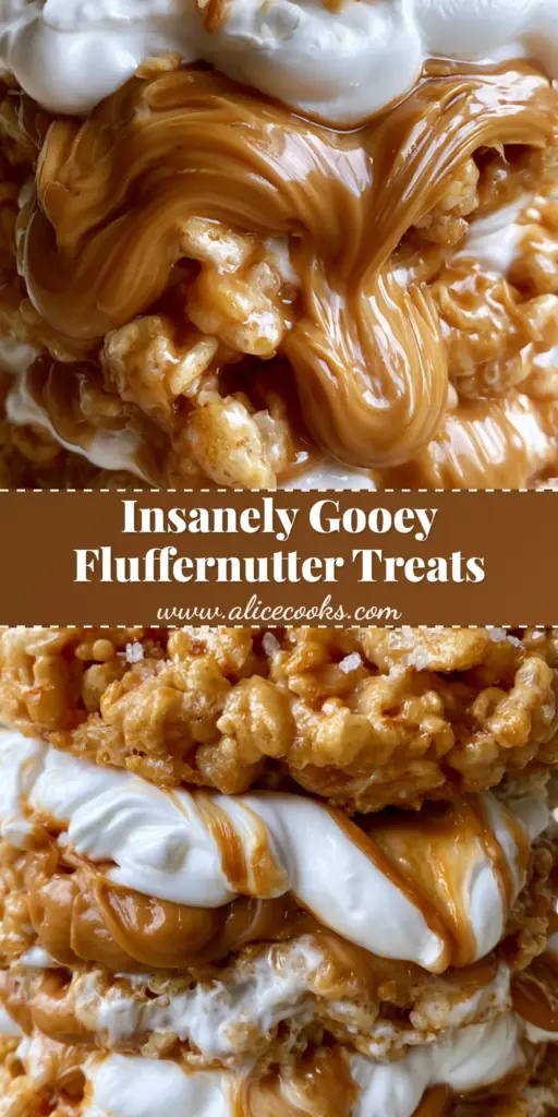 A towering stack of gooey Fluffernutter Krispy Treats with peanut butter swirls and marshmallow fluff pull.