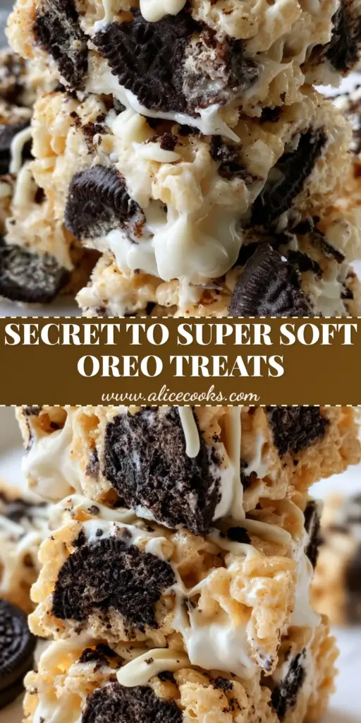 A tall stack of Oreo Rice Krispie treats showing gooey marshmallow webbing and large dark chocolate cookie chunks. (Oreo Krispies recipe)