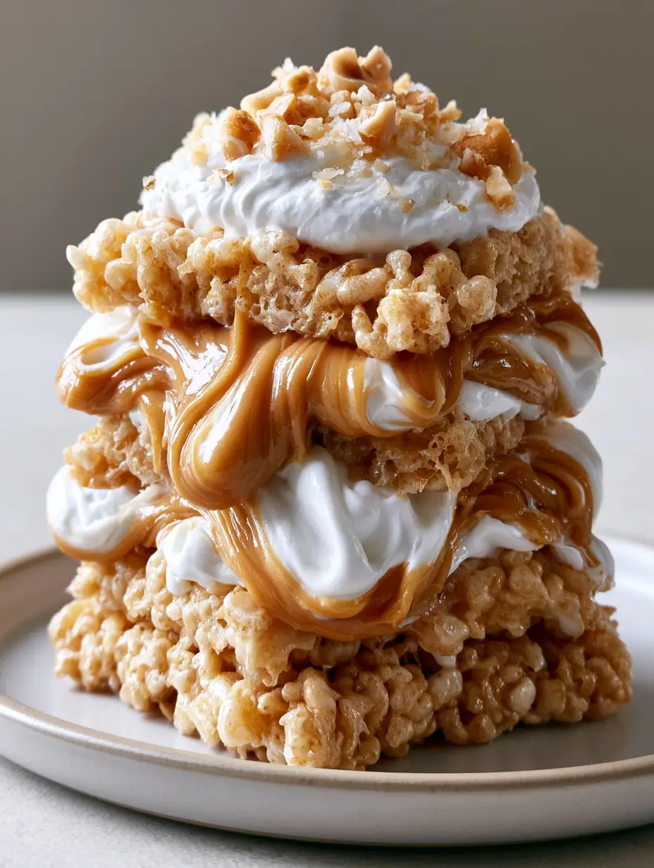 Macro photo of toasted rice cereal bound with melted marshmallow and creamy peanut butter swirls. (Fluffernutter Krispy Treats)