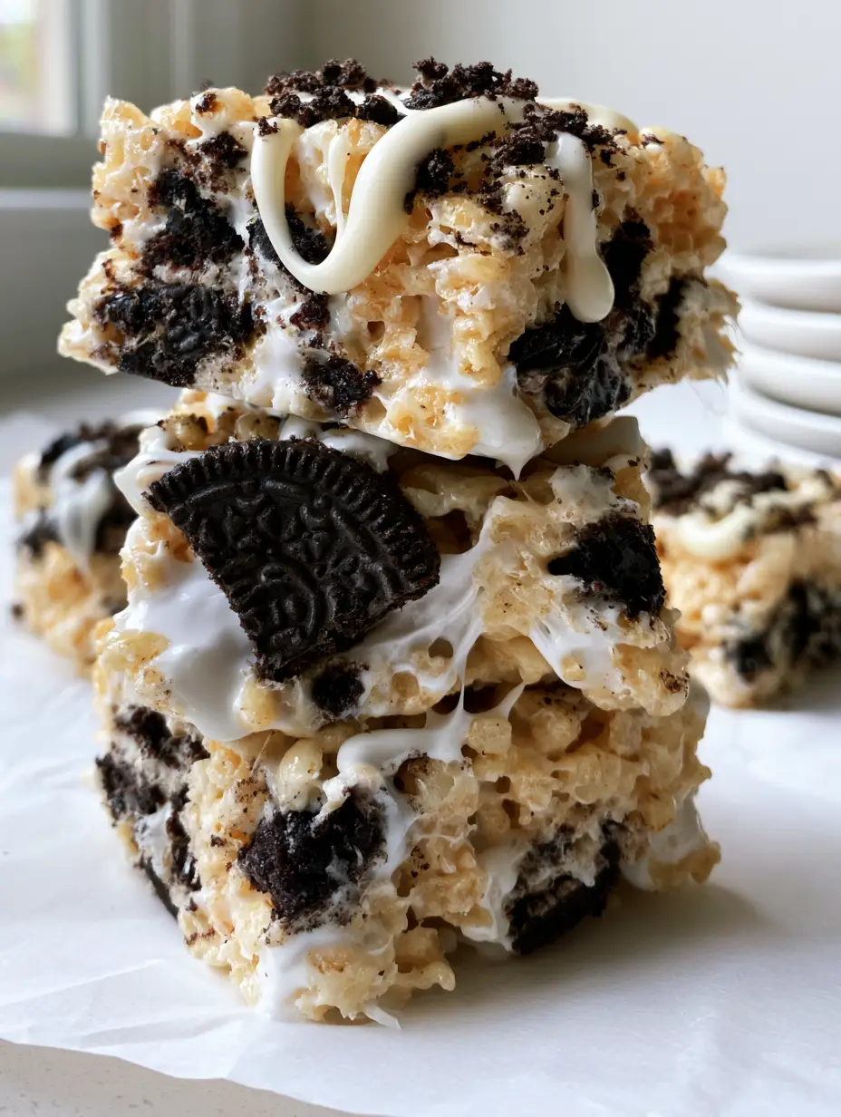 Close up handheld photo of Oreo Krispies treats on white parchment paper with white chocolate drizzle. (Oreo Krispies recipe)