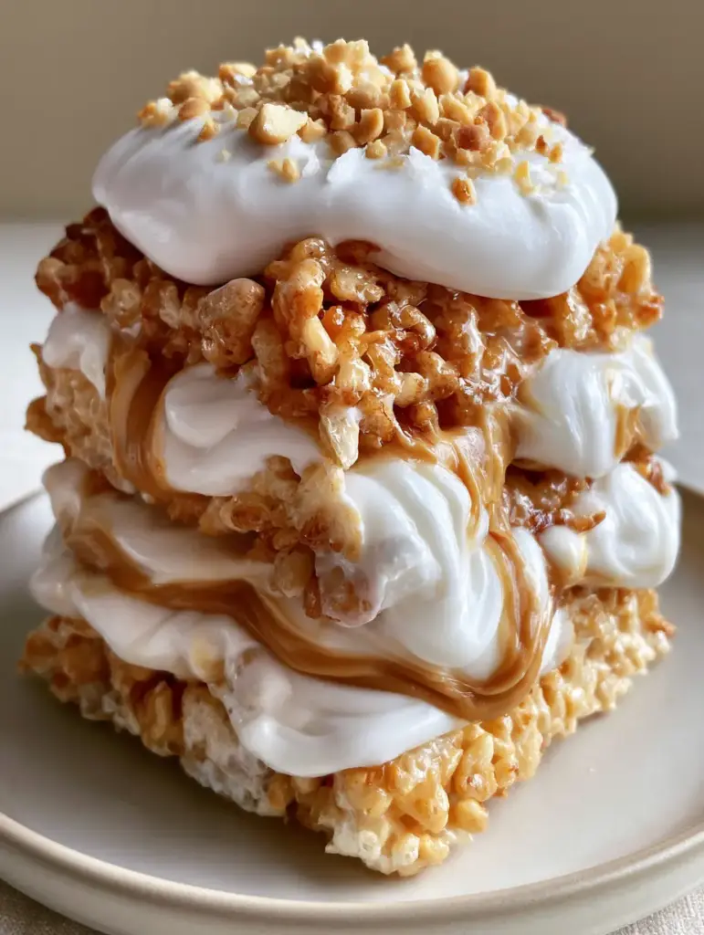 Handheld photo of a Fluffernutter Krispy Treat garnished with sea salt and roasted peanuts.