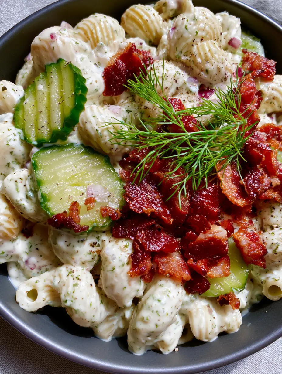 Top-down macro shot of creamy rotini pasta salad with crinkle-cut pickles and fresh dill. (chococat coloring pages)