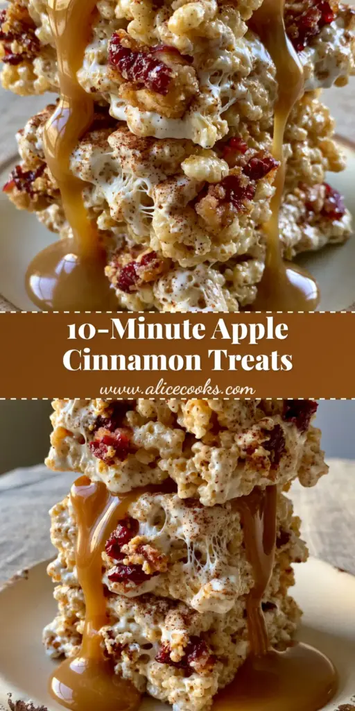 A tall stack of Apple Pie Rice Krispie Treats with visible marshmallow webs, dried apple bits, and a glossy amber caramel drizzle on a rustic plate. (Apple Pie Rice Krispie Treats)