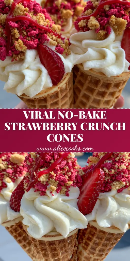 A close-up handheld photo of three strawberry crunch cheesecake cones with thick white filling, pink crumble, and glossy red drizzle.