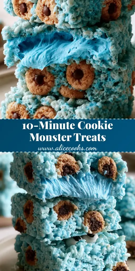 Cookie Monster Rice Krispie treats: The Ultimate Gooey Blue Dessert 4 A tall stack of vibrant blue Cookie Monster Rice Krispie treats featuring gooey marshmallow strands, mini chocolate chip cookies, and candy eyes.
