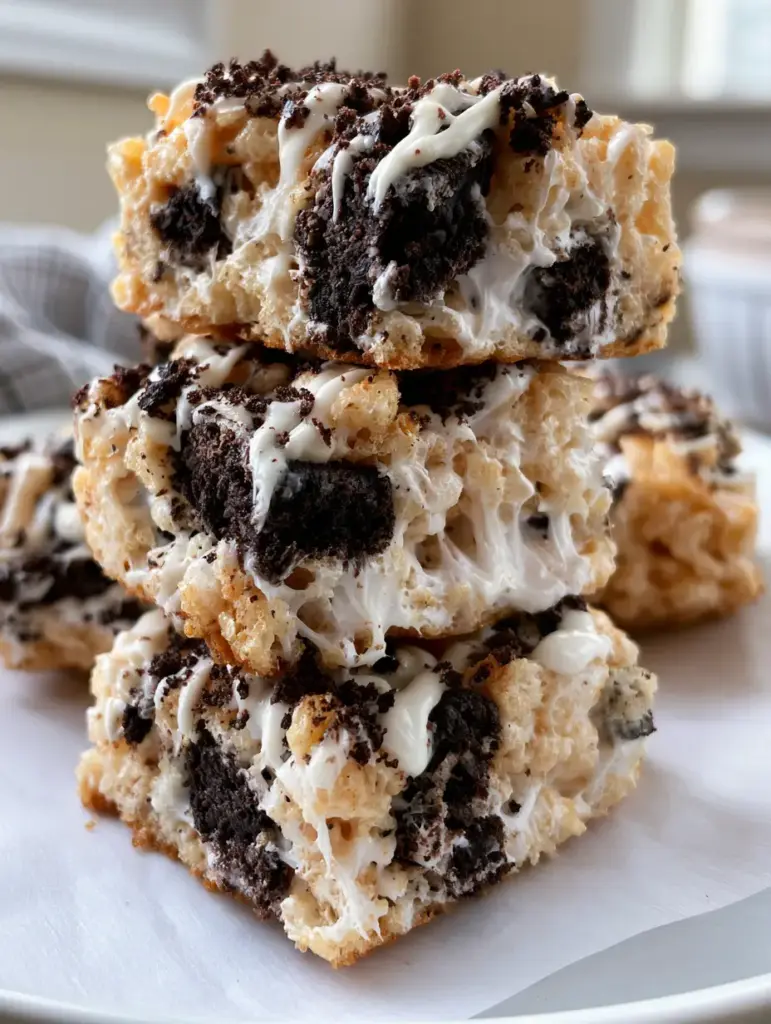 A stack of Oreo Krispie treats featuring crispy puffed rice and fine cookie crumb garnish.