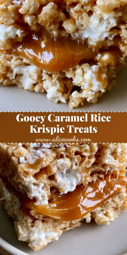A thick, gourmet Rice Krispie treat being pulled apart to reveal a gooey stretch of golden caramel in the center. (Caramel Stuffed Krispy Treats)