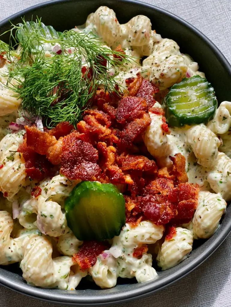 A premium bowl of dill pickle bacon pasta salad with soft natural lighting. (chococat coloring pages)