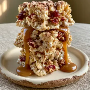 Close up handheld photo of square apple cinnamon Rice Krispie treats on a cream plate with thick caramel drizzle. (Apple Pie Rice Krispie Treats)