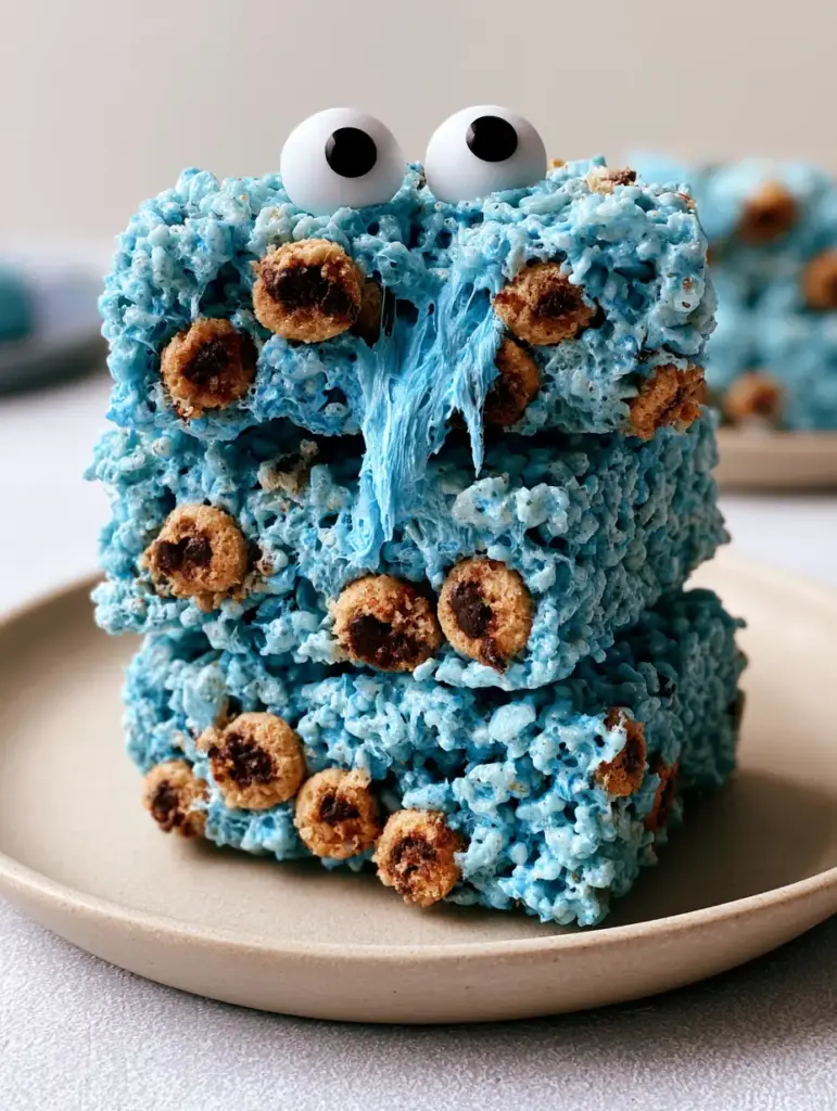Cookie Monster Rice Krispie treats: The Ultimate Gooey Blue Dessert 2 Close-up handheld photo of stacked blue Cookie Monster Rice Krispie treats showing stretchy marshmallow texture.