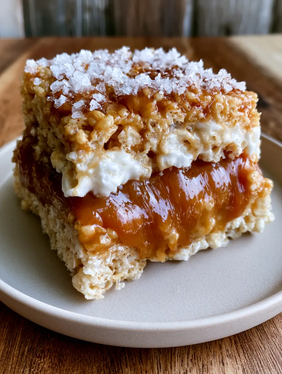Close up photo of Caramel Stuffed Krispy Treats showing a molten golden-amber caramel center and glistening marshmallows.