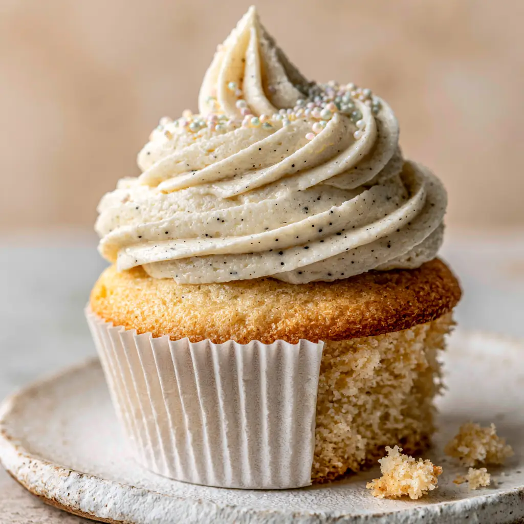 Vanilla Cupcakes with Whipped Vanilla Bean Buttercream Frosting 2 Close up of a golden-baked vanilla sponge cupcake partially unwrapped from a white liner on a matte ceramic plate. (vanilla cupcakes)