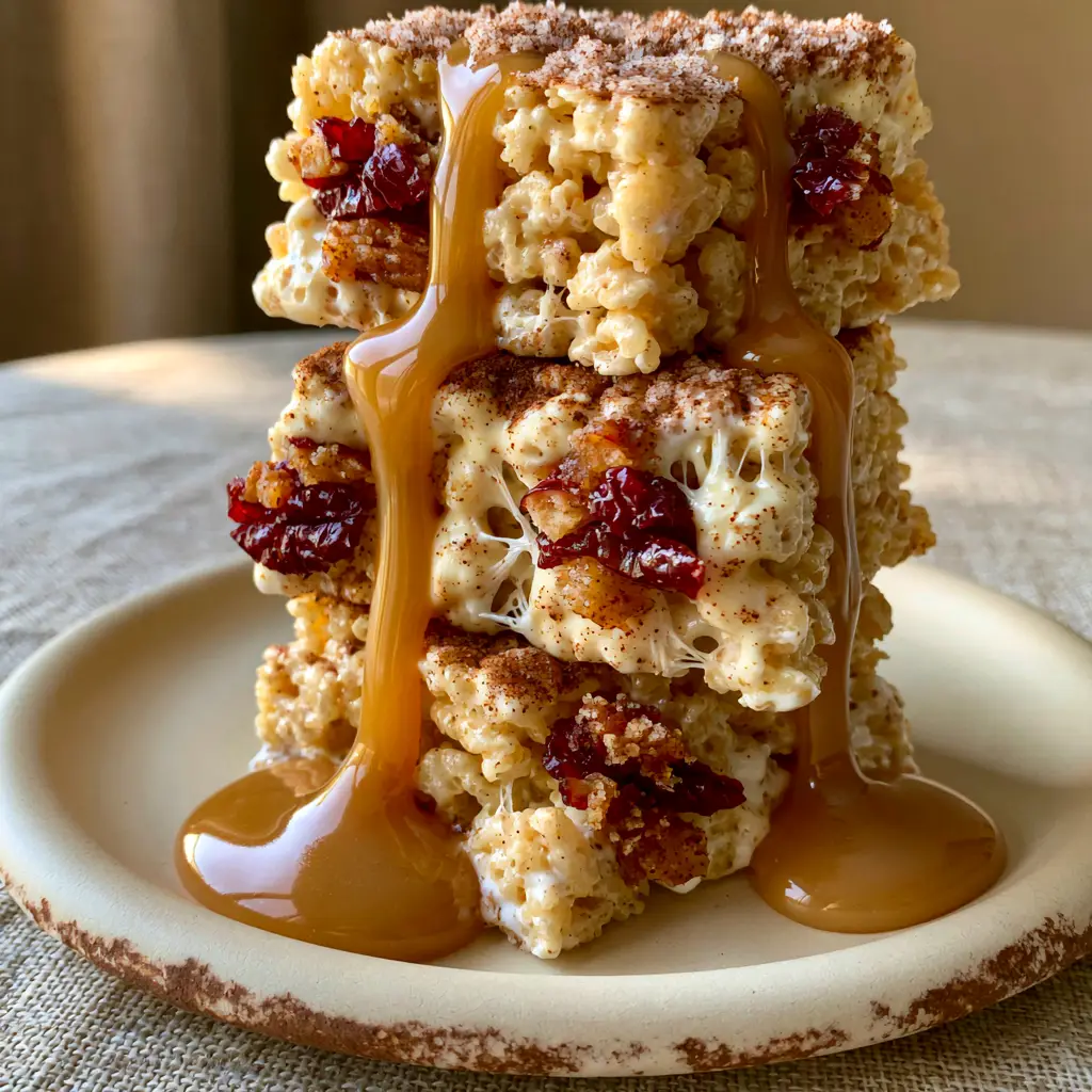 Overhead view of a pile of Apple Pie Rice Krispie Treats showing the cinnamon sugar dusting and amber caramel.