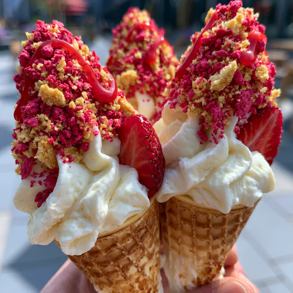Side view of strawberry crunch cheesecake cones featuring a glossy red strawberry glaze drizzle and fresh strawberry garnish.