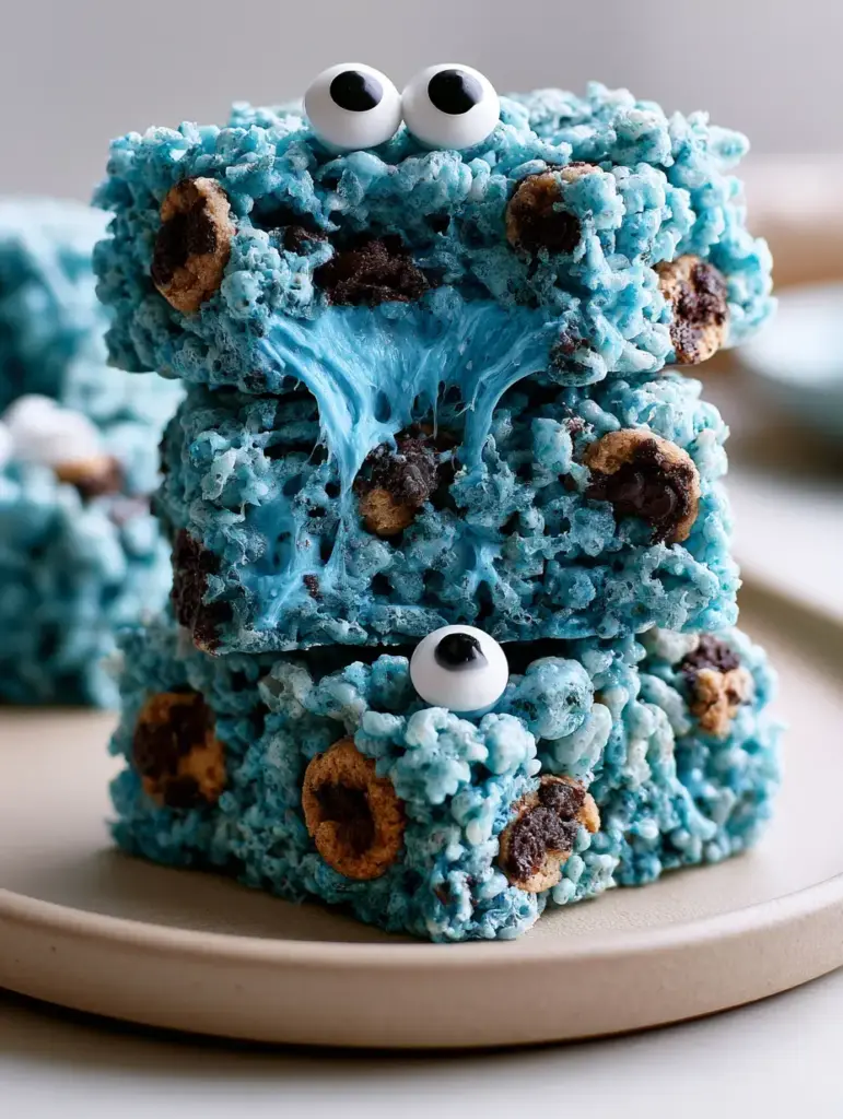 Cookie Monster Rice Krispie treats: The Ultimate Gooey Blue Dessert 1 High angle shot of Cookie Monster Rice Krispie treats on a plate with mini cookies and candy eyes visible.