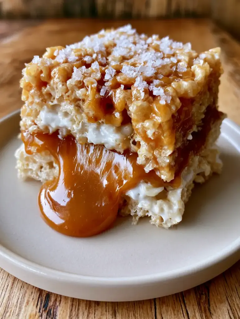 Top view of Caramel Stuffed Krispy Treats on a ceramic plate, dusted with sparkling flaky sea salt.