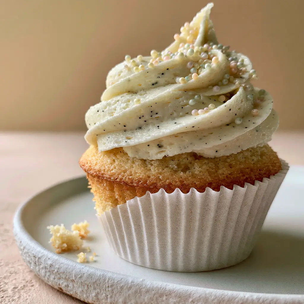 Vanilla Cupcakes with Whipped Vanilla Bean Buttercream Frosting 1 Extreme close up of whipped vanilla bean buttercream frosting with visible tiny black vanilla bean specks and sugar pearls.