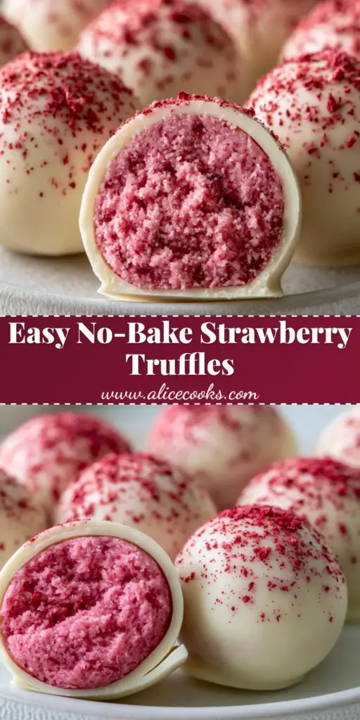 A stack of elegant Strawberry Cake Truffles with a white chocolate shell and red berry dust garnish.
