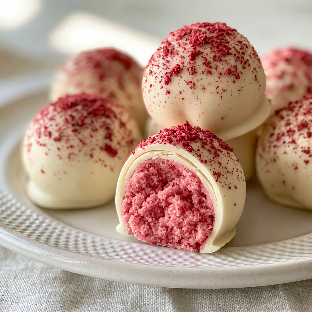 A close up shot of Strawberry Cake Truffles showing the thin white chocolate coating and freeze-dried powder dusting.