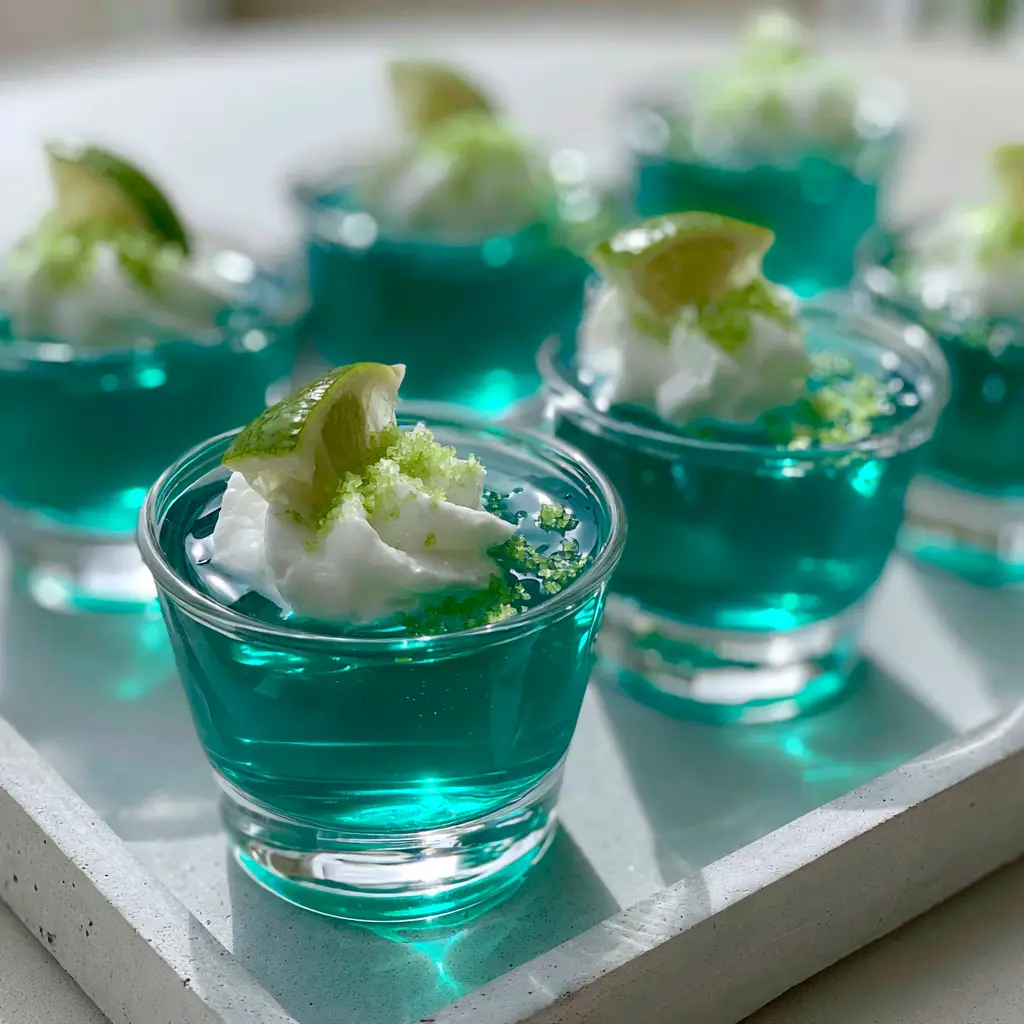 Translucent teal Baja Blast jello shots in clear glass cups catching morning sunlight.