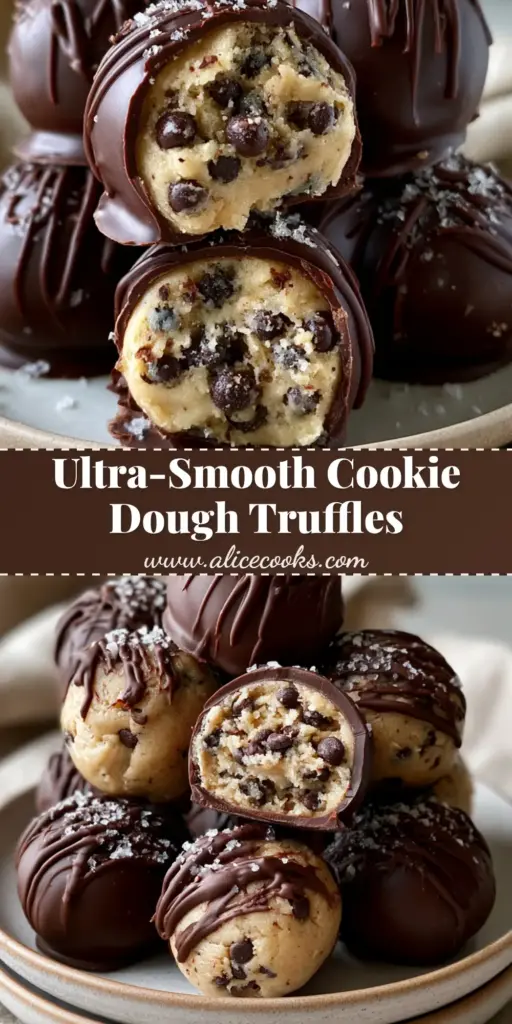 A stack of gourmet Chocolate chip cookie dough truffles with a dark chocolate shell and flaky sea salt on a ceramic plate.