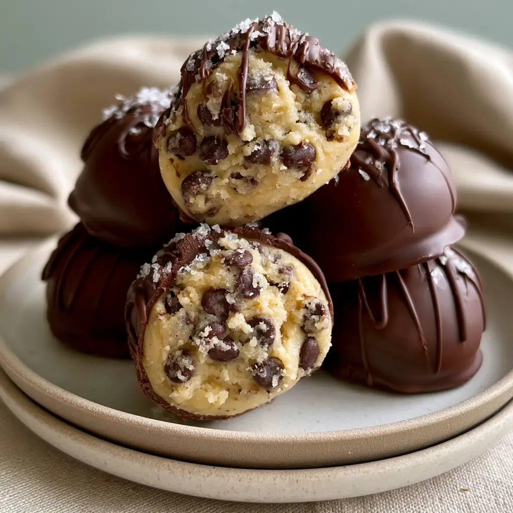 Handheld smartphone photo of a dark chocolate coated cookie dough truffle with a glossy drizzle.