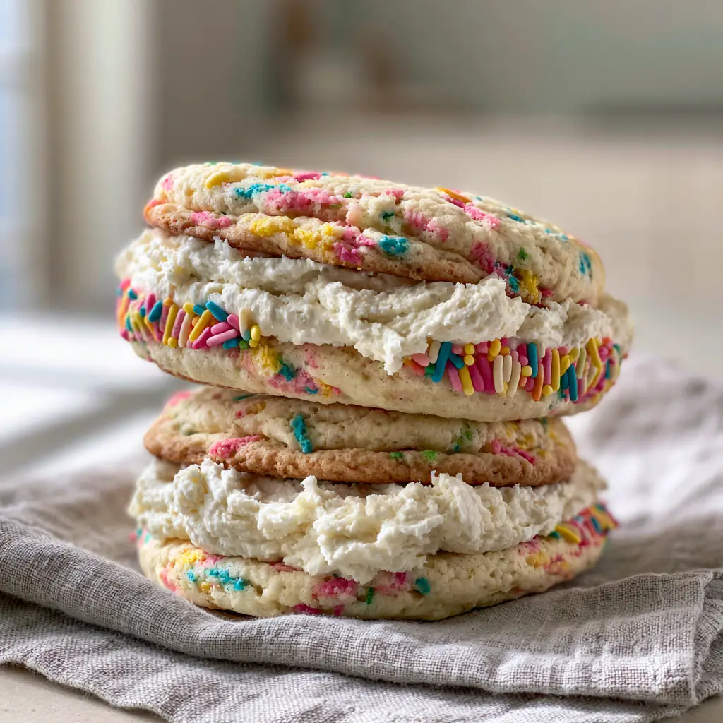 Two Funfetti Cookie Sandwiches offset-stacked on a grey linen cloth with morning light filtering in.