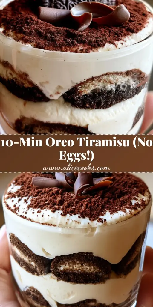 A tall glass of chocolate oreo tiramisu showing distinct layers of milk-soaked cookies and white cream topped with cocoa powder.