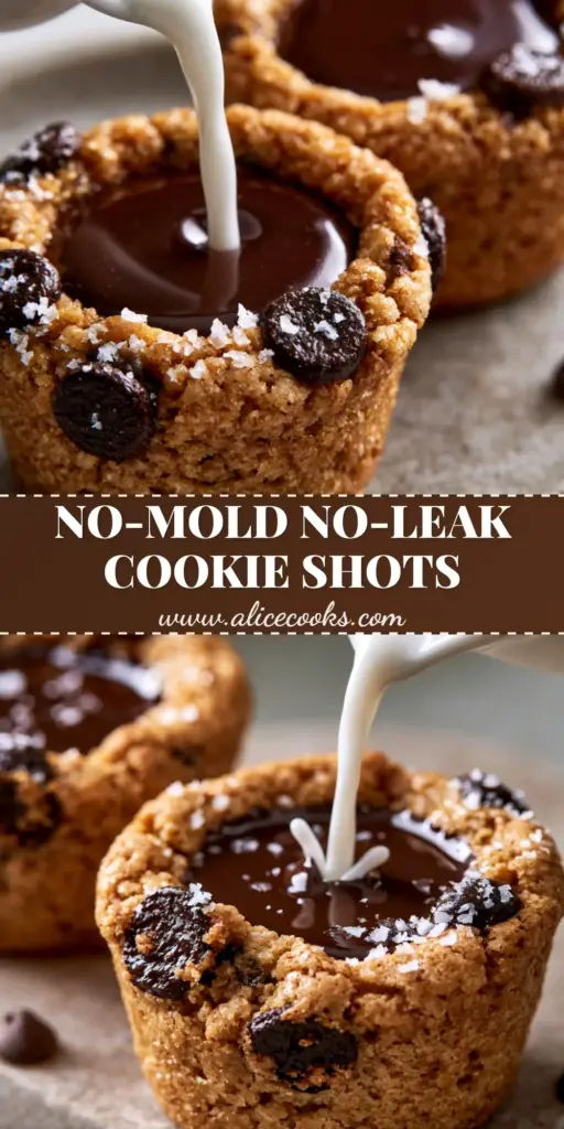 Two golden-brown chocolate chip Cookie Shots filled with splashing cold milk on a stone surface.
