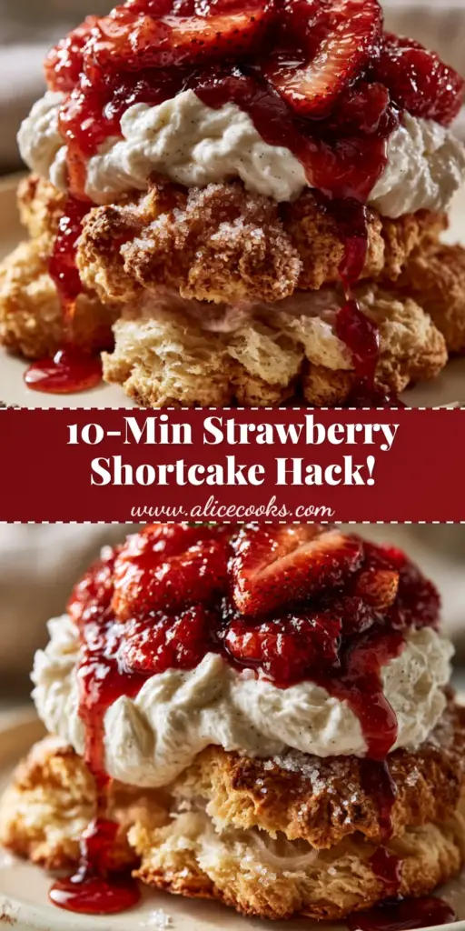 Eye-level close-up of gourmet strawberry shortcake biscuits with craggy crust, vanilla cream, and glistening strawberries on a rustic plate.