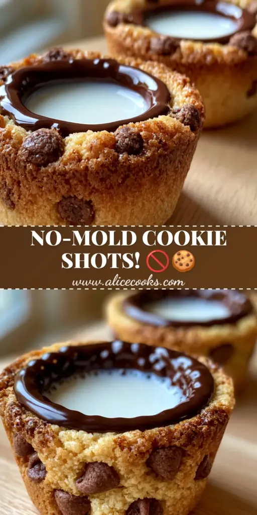 Two golden-brown chocolate chip cookie shots filled with milk on a wooden table. (chocolate chip cookie shots)