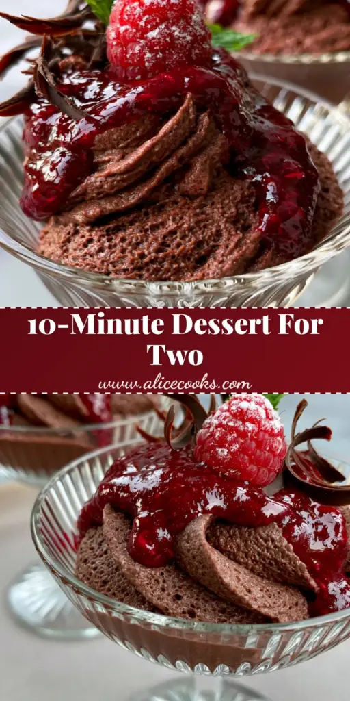 Two elegant ribbed crystal coupe glasses filled with dark mahogany chocolate mousse and drizzled with glossy crimson raspberry sauce for romantic dessert recipes.